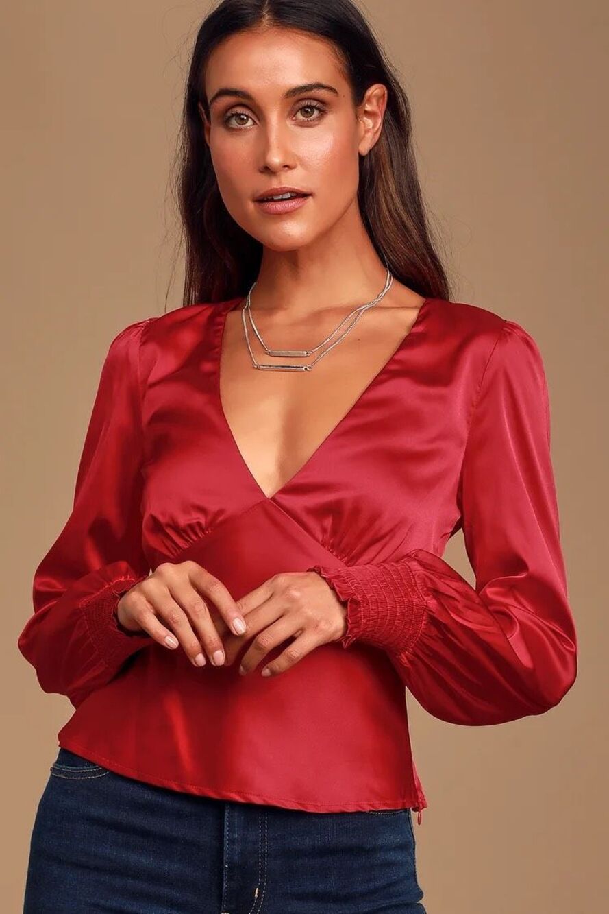NWT Lulus Head Held High Wine Red Satin Date Party Romantic Top Size Medium